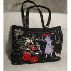RARE "VB" Black & White VTG Canvas Tote Bag Graphic BELLBOY WOMAN HOTEL DOG  ANB